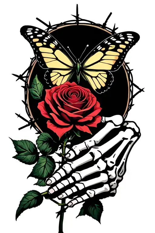 butterfly resting on rose, rose being held by skeleton hand, hand and rose wrapped in barbed wire tattoo design idea