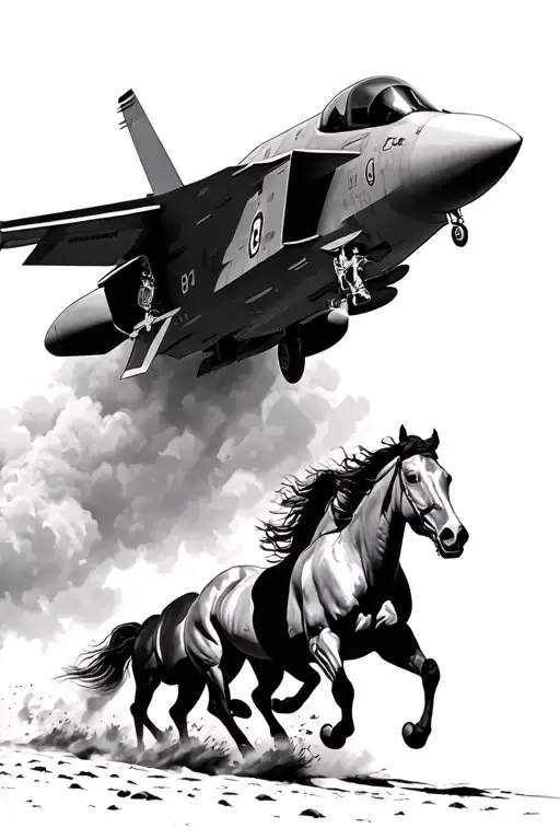herd of horses running while an F-35 is flying over them  tattoo design idea