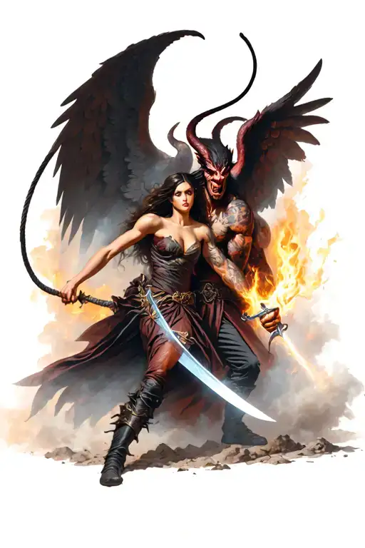 A male demon with a whip fighting a female guardian angel with a lightbringer sword. Surrounded by fire, dust, debries tattoo design idea
