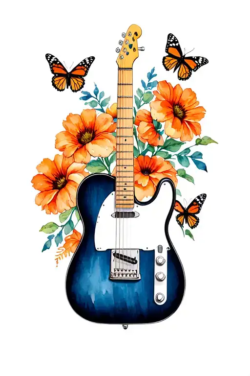 A dark blue Fender Telecaster guitar surrounded by monarch butterflies and orange flowers of the day of the dead tattoo design idea