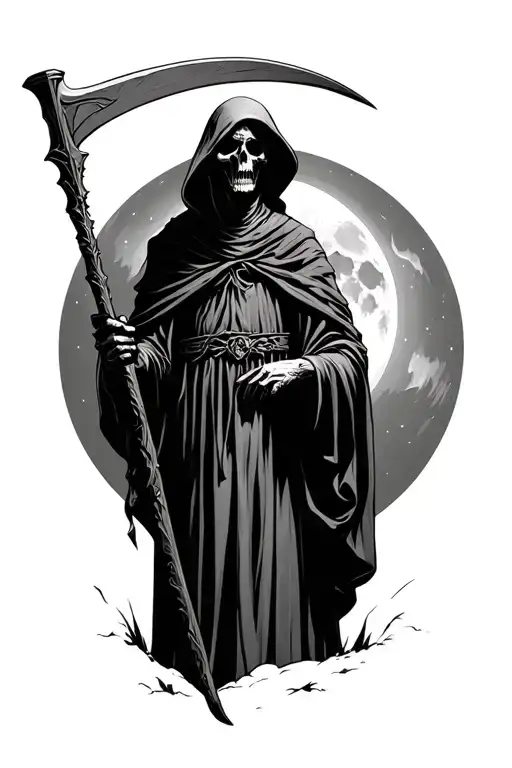 grim reaper holding a scythe standing in front of the moon  tattoo design idea