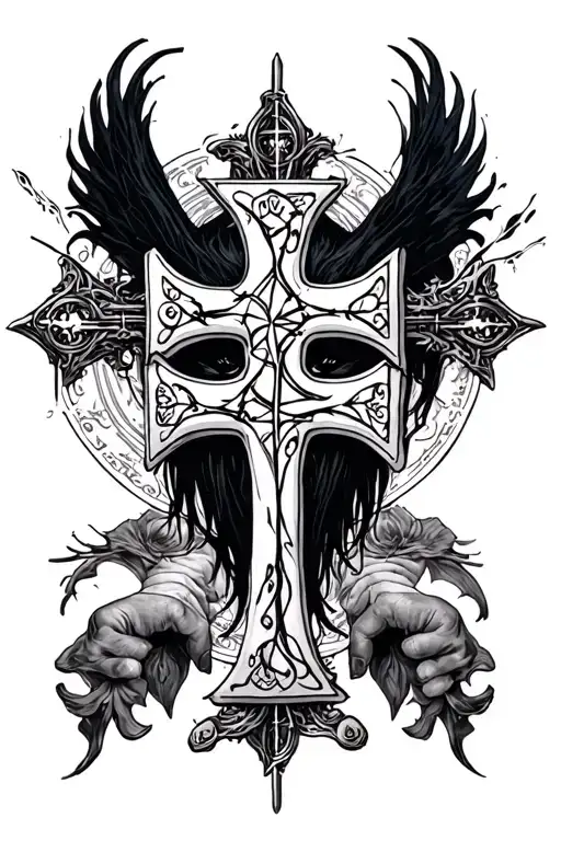 Ulquiorra Cifer and a orthodox cross and a symbol of overcoming depression and make it on the forearm tattoo design idea