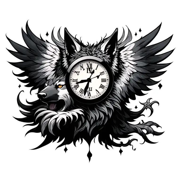 "P N " wolf phoenix clock tattoo design idea