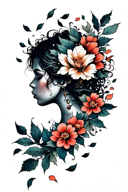 air blowing leaves and flower petals falling tattoo design idea
