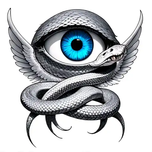 a wide blue eye with a double headed snake around it and wings tattoo design idea