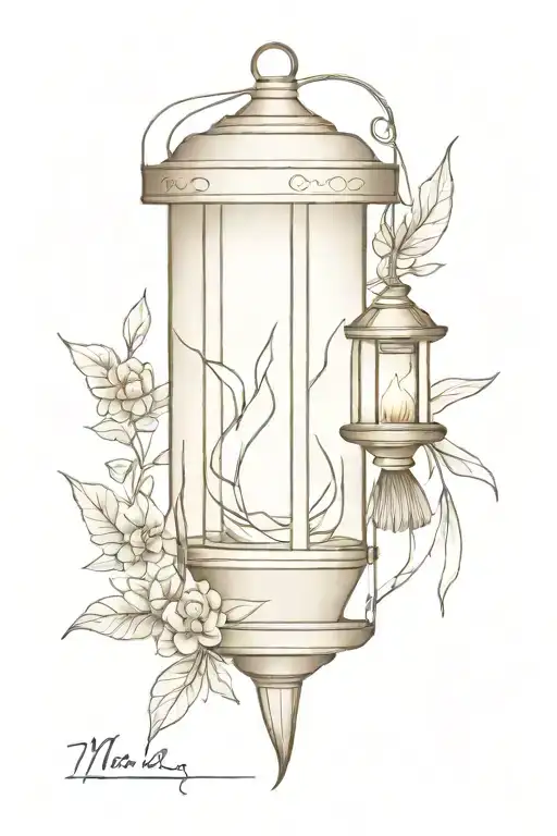 tattoo sketch with an esoteric chinese prism-shaped lantern, a parchment scroll, a ribbon with an inscription, a sword tattoo design idea