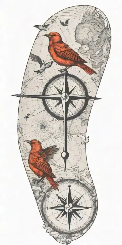 black and gray map with compass and a birds flying tattoo design idea