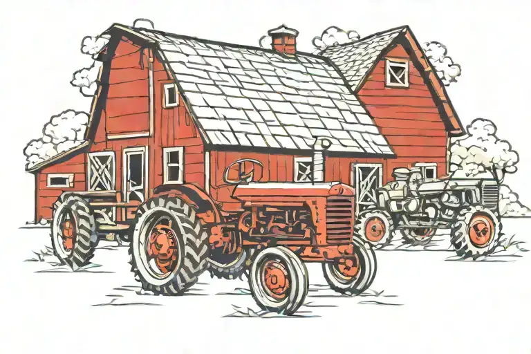 barn & tractor driving tattoo design idea