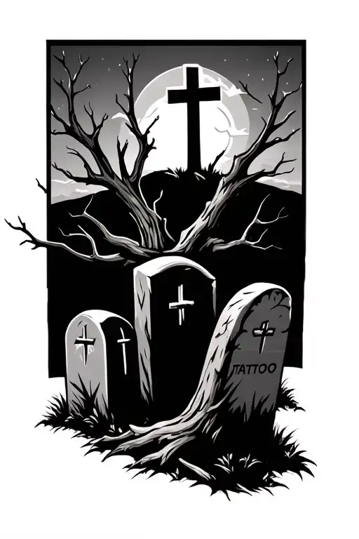 dead tree limbs surrounding 3 tombstones with a cross on a hill in background tattoo design idea