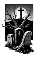 dead tree limbs surrounding 3 tombstones with a cross on a hill in background tattoo design idea