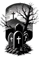 dead tree limbs surrounding 3 tombstones with a cross on a hill in background tattoo design idea