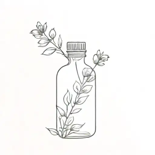 Bottle with essential oils with flowers around  tattoo design idea