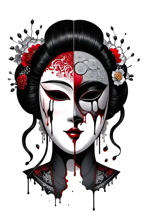 noh mask with blood tears half with geisha  tattoo design idea