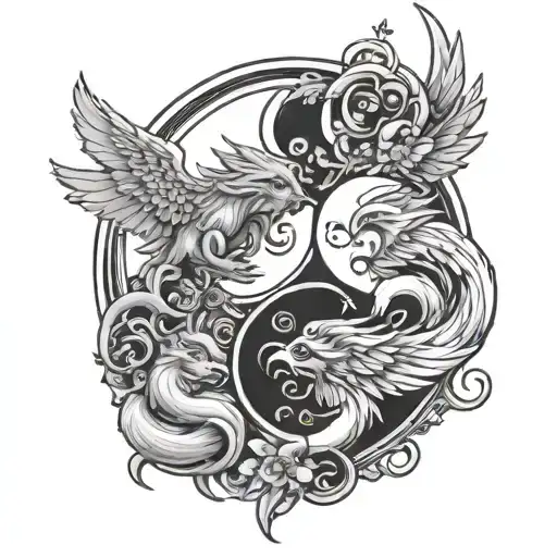 ying Yang with and Angel and monkey tattoo design idea