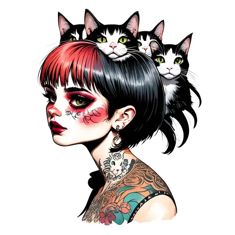 woman punk with gang of cats tattoo design idea