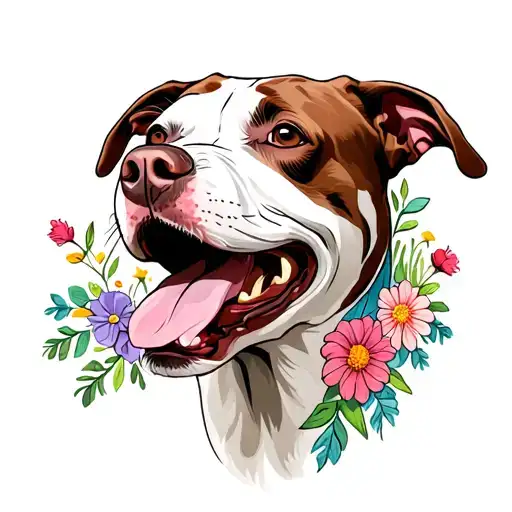 white Pitbull with brown spot quarter of face, mouth open, surround by flowers a lot of different flowers tattoo design idea