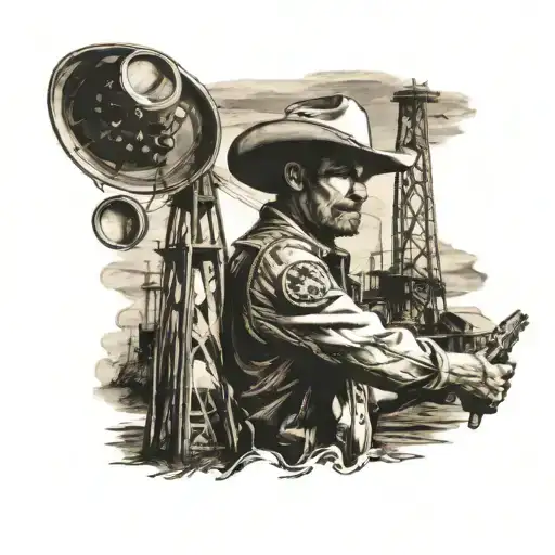 lucky gunslinger cowboy with old oil drilling rig in background tattoo design idea