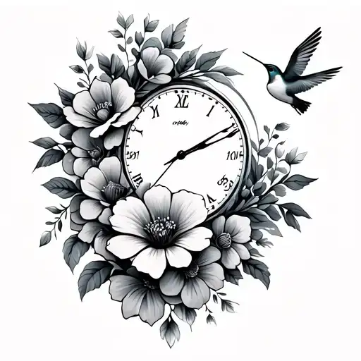 time date tattoo with flowers and humming birds flying away tattoo design idea