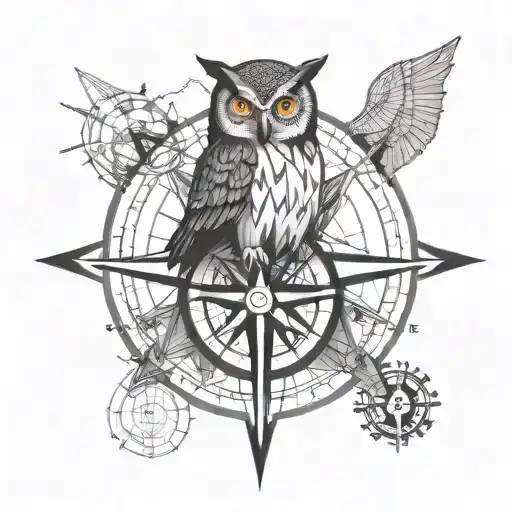 geometric compass rose with an owl and world map perched on top tattoo design idea