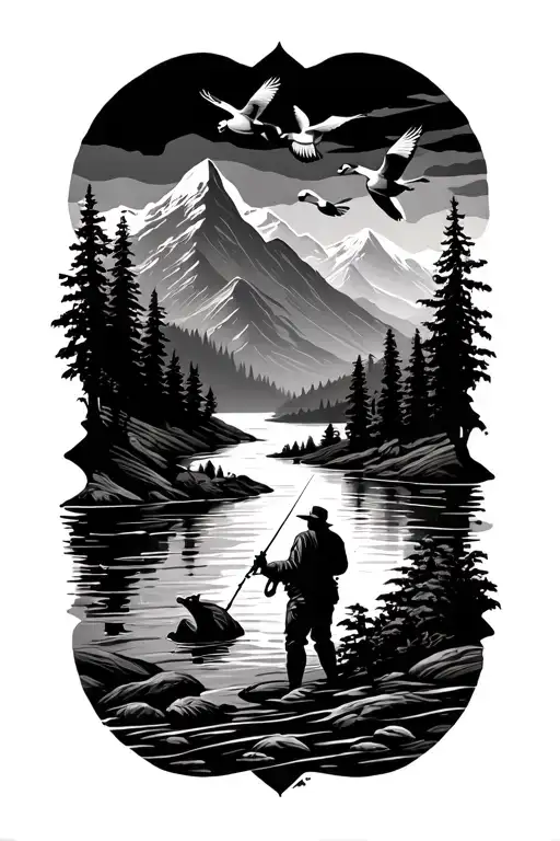 River flowing near mountains with fisherman and geese flying overhead tattoo design idea
