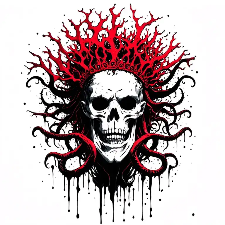 King Of Bones With A Coral Crown, Hades 2 Style, Eldritch, Tentacles, Lovecraftian, Deep Sea background  tattoo design idea