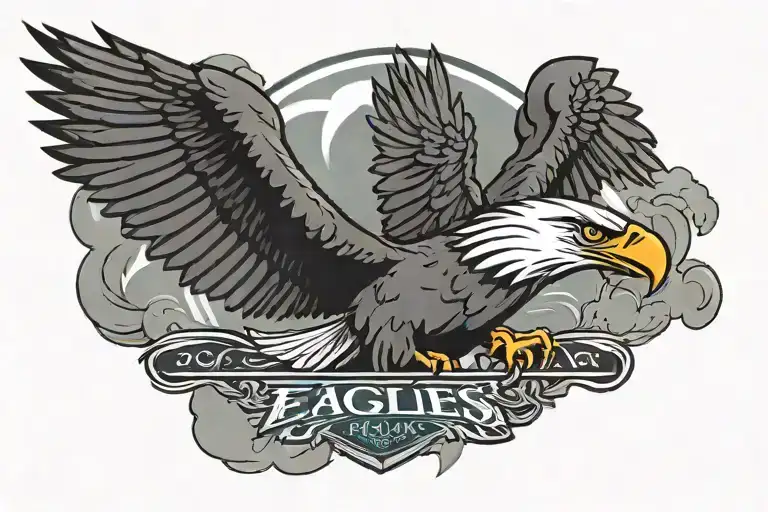 Philadelphia Eagles logo with wings, halo, banner, clouds, colors loving memory of dad 2018 tattoo design idea