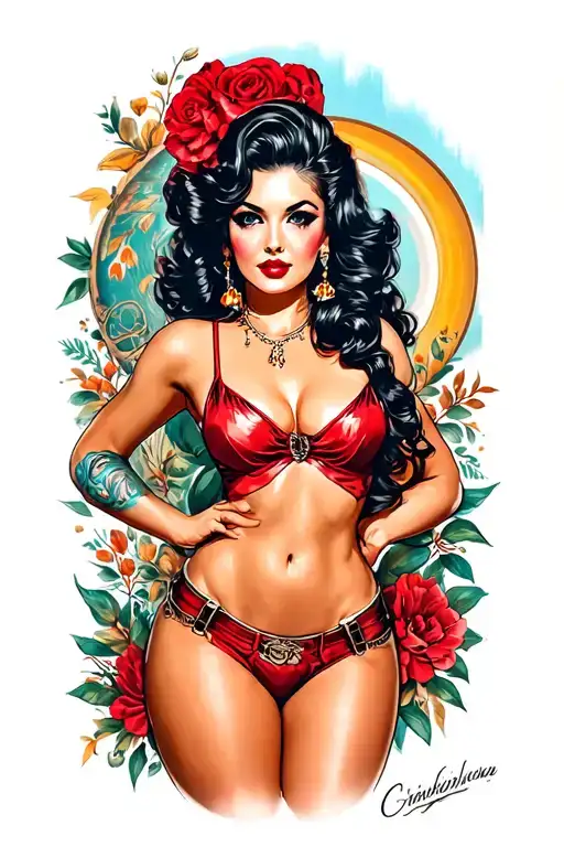 pin up girl full body tattoo design idea