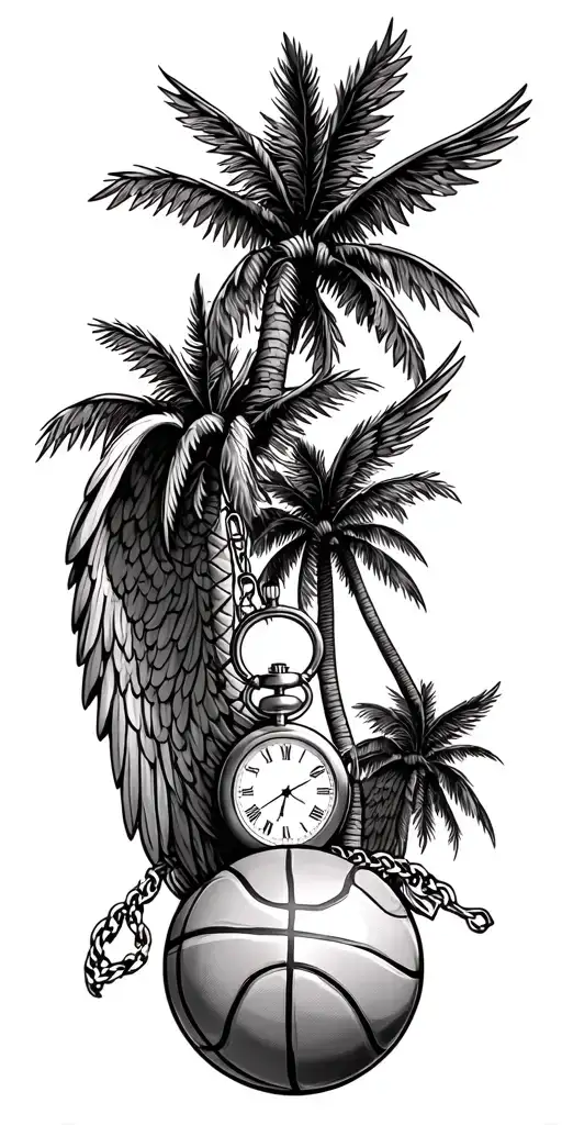 palm trees and pocket watch and angel wings and bullet casing and basketball  tattoo design idea