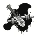 A chef's knife intertwined with a guitar and dumbbells, representing the client's love for cooking, music, and the gym tattoo design idea