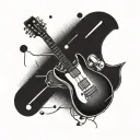 A chef's knife intertwined with a guitar and dumbbells, representing the client's love for cooking, music, and the gym tattoo design idea