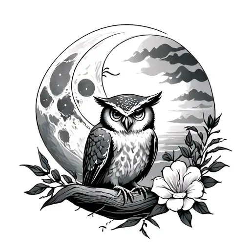 Hermit Wizard, Owl, Moon, Sea, Leme, Flor de Lis, Quaderna tattoo design idea