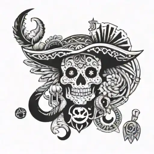 A colorful mashup of iconic symbols from Mexican and American cultures, infused with supernatural elements for a unique tattoo design tattoo design idea