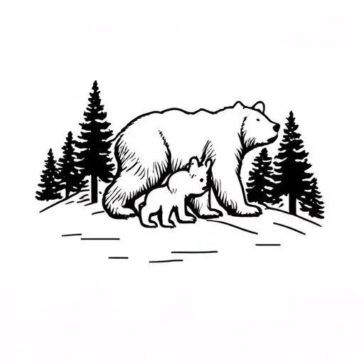 mountain range with trees, mamma and baby bear outline with sweetpea flowers in the mamma bear  tattoo design idea