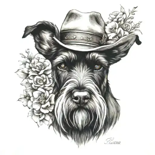 all black schnauzer with cowgirl hat and brown eyes and flowers looking to the side tattoo design idea