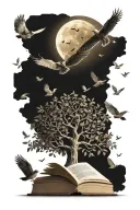 tree of life with books surrounded by flying birds and dates 03-23-2019 & 06-17-2022 tattoo design idea