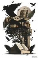 tree of life with books surrounded by flying birds and dates 03-23-2019 & 06-17-2022 tattoo design idea