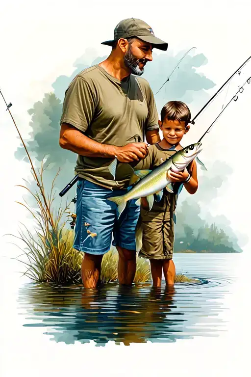 dad and son fishing  tattoo design idea