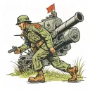 a full-length Russian army soldier walking across a field, on the left is a cannon and on the right is a tank tattoo design idea