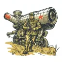 a full-length Russian army soldier walking across a field, on the left is a cannon and on the right is a tank tattoo design idea
