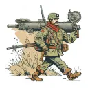 a full-length Russian army soldier walking across a field, on the left is a cannon and on the right is a tank tattoo design idea