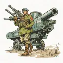 a full-length Russian army soldier walking across a field, on the left is a cannon and on the right is a tank tattoo design idea