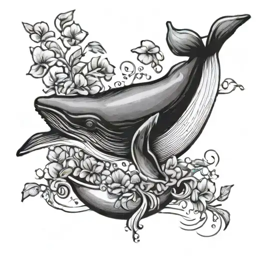 whale and bowl of petunias falling from the sky tattoo design idea