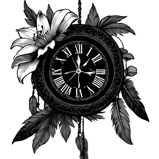 Dream Catcher Filled With Lilies, feathers and a vintage clock showing 02:14 PM tattoo design idea