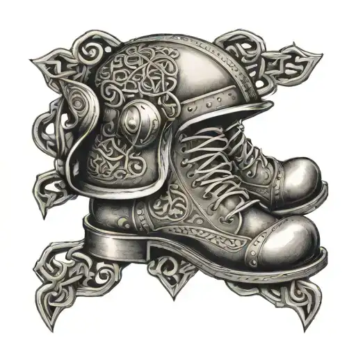 An intricate Celtic knotwork design incorporating a soldier's helmet and boots tattoo design idea
