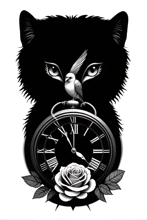 animal that fits with a bird a clock and roses tattoo design idea