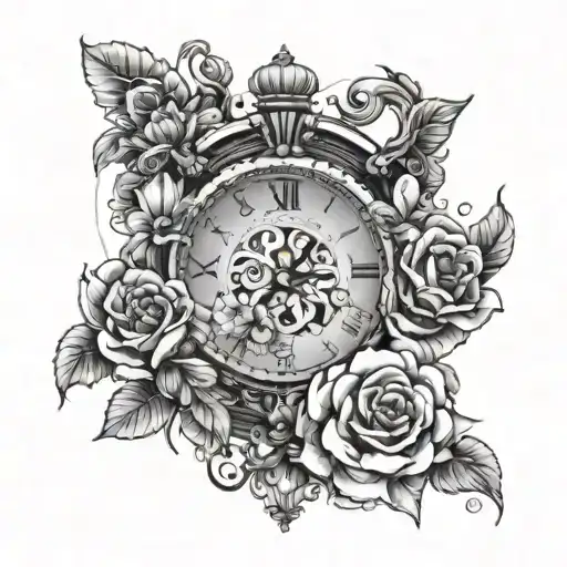 clock, Gemini sign, first name Miya and flowers tattoo design idea