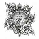 clock, Gemini sign, first name Miya and flowers tattoo design idea