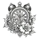 clock, Gemini sign, first name Miya and flowers tattoo design idea