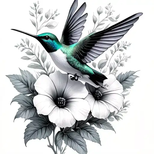 humming bird flying, morning glory and aster flowers tattoo design idea
