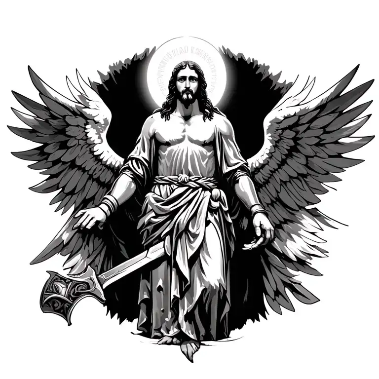 Jesus standing tall with the armor of God on full body and angelic tattoo design idea